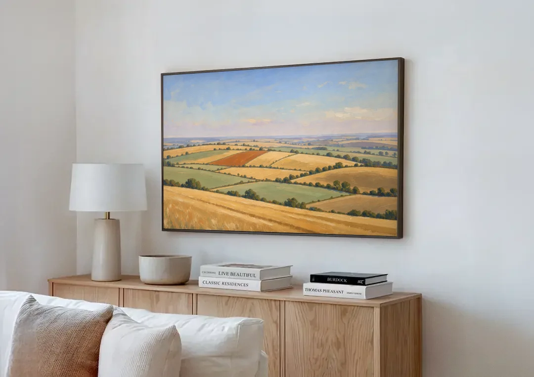 Rolling Hills Painting of Golden Hay and Sage canvas wall art above a wooden sideboard next to a sofa