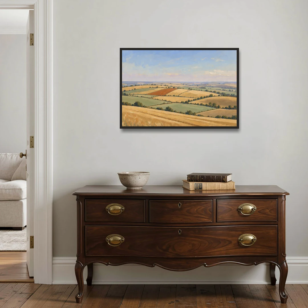Rolling Hills Painting of Golden Hay and Sage - Black Framed Canvas Wall Art - Coffee Table - 36x24