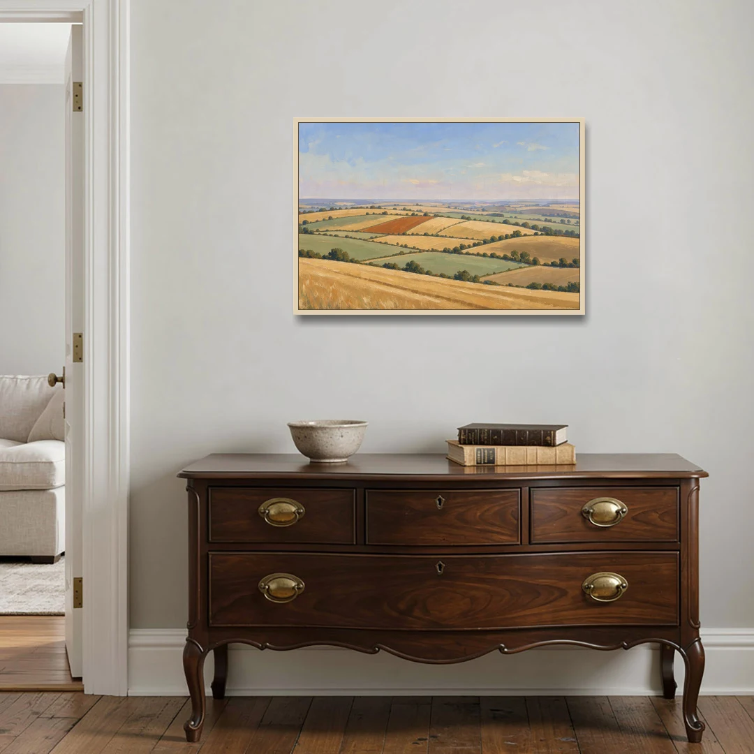 Rolling Hills Painting of Golden Hay and Sage - Oak Framed Canvas Wall Art - Coffee Table - 36x24