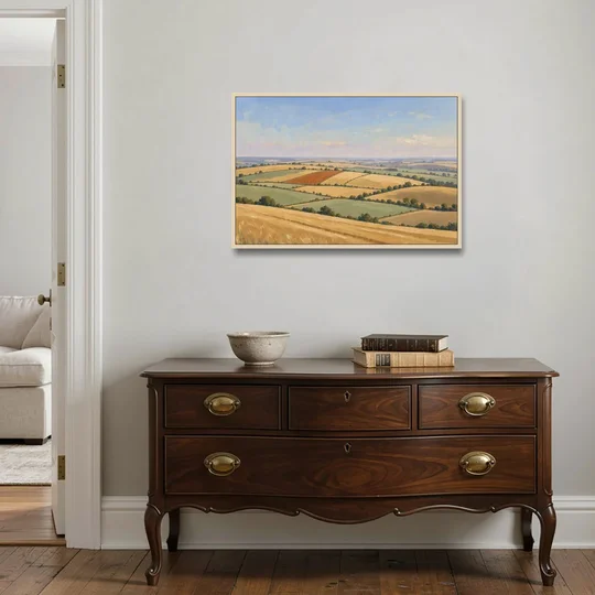 Rolling Hills Painting of Golden Hay and Sage - Oak Framed Canvas Wall Art - Coffee Table - 36x24