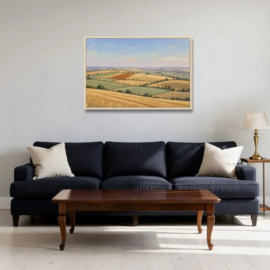 Rolling Hills Painting of Golden Hay and Sage - Oak Framed Canvas Wall Art - Sofa - 36x24