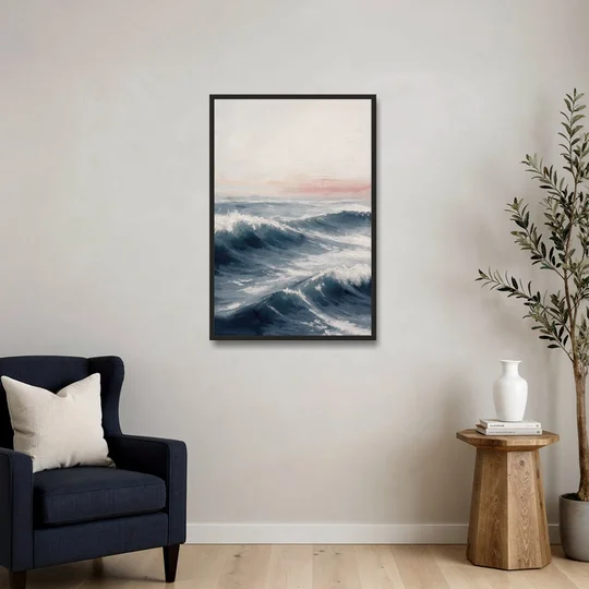 Rolling Navy Swells Under a Chalk Sky - Black Framed Canvas Wall Art - Sofa - 24x36