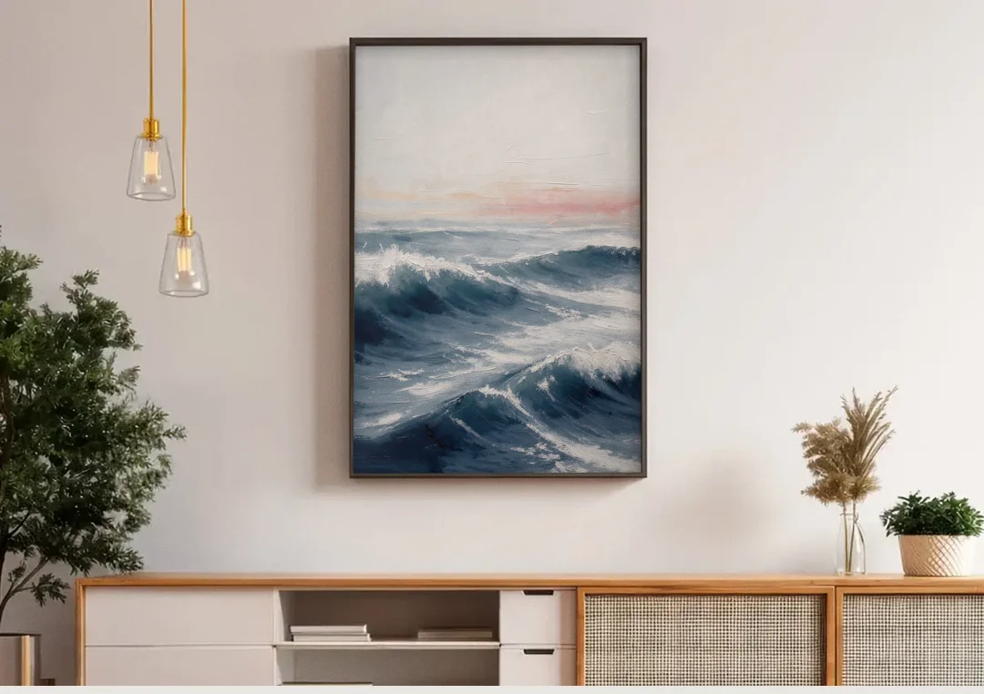 Rolling Navy Swells Under a Chalk Sky canvas wall art above a wooden sideboard under pendant lights