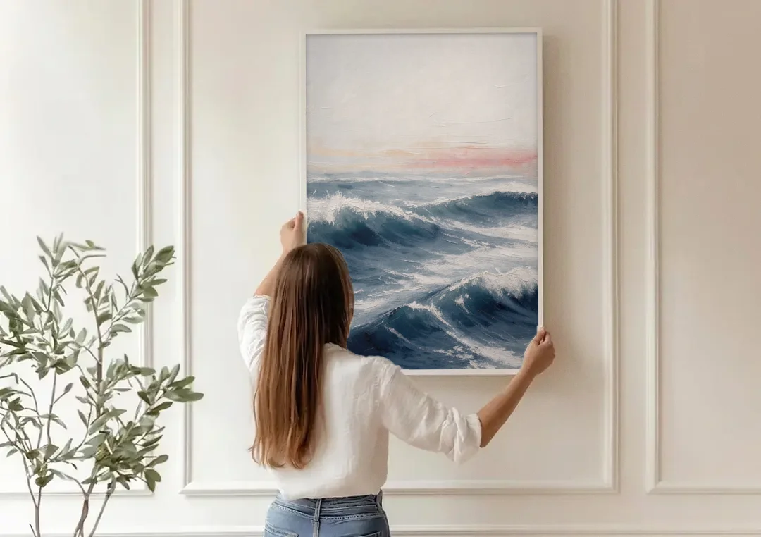 Rolling Navy Swells Under a Chalk Sky canvas wall art being hung on a paneled wall