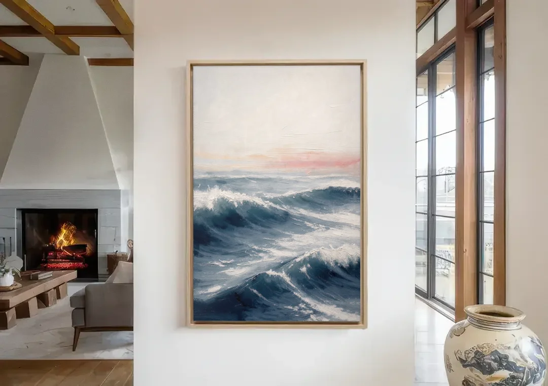 Rolling Navy Swells Under a Chalk Sky canvas wall art in a living room with a fireplace
