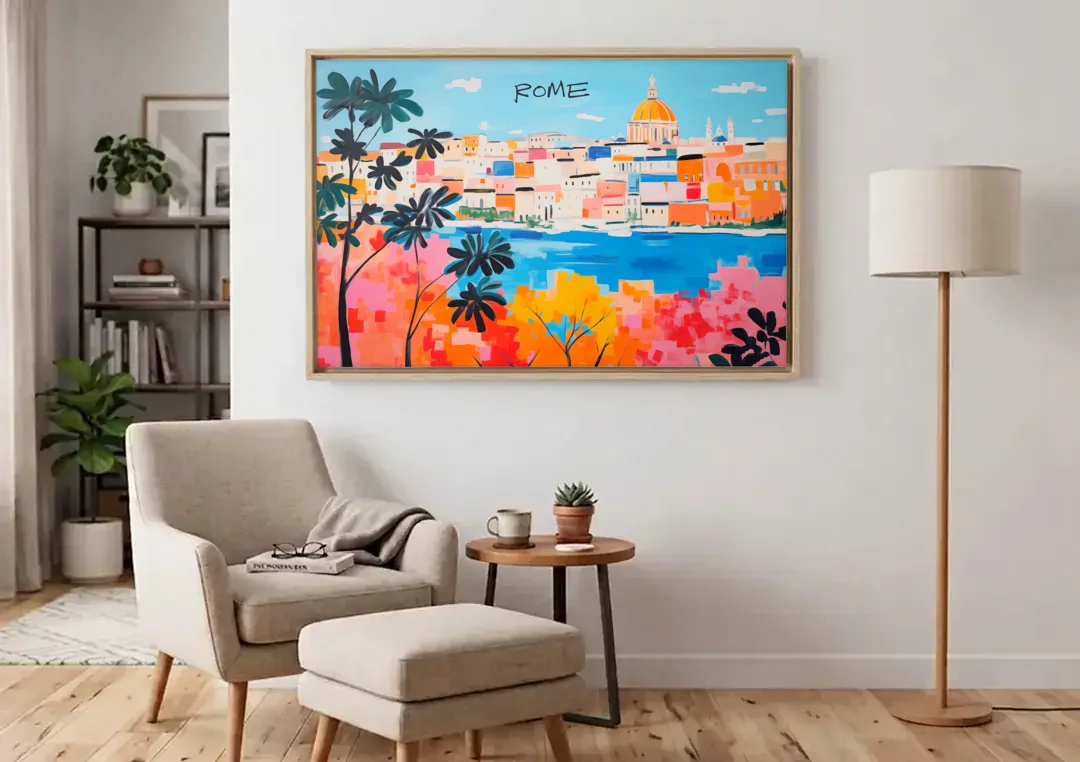Rome Art of a Golden Dome Skyline canvas wall art above an armchair in a bright living room