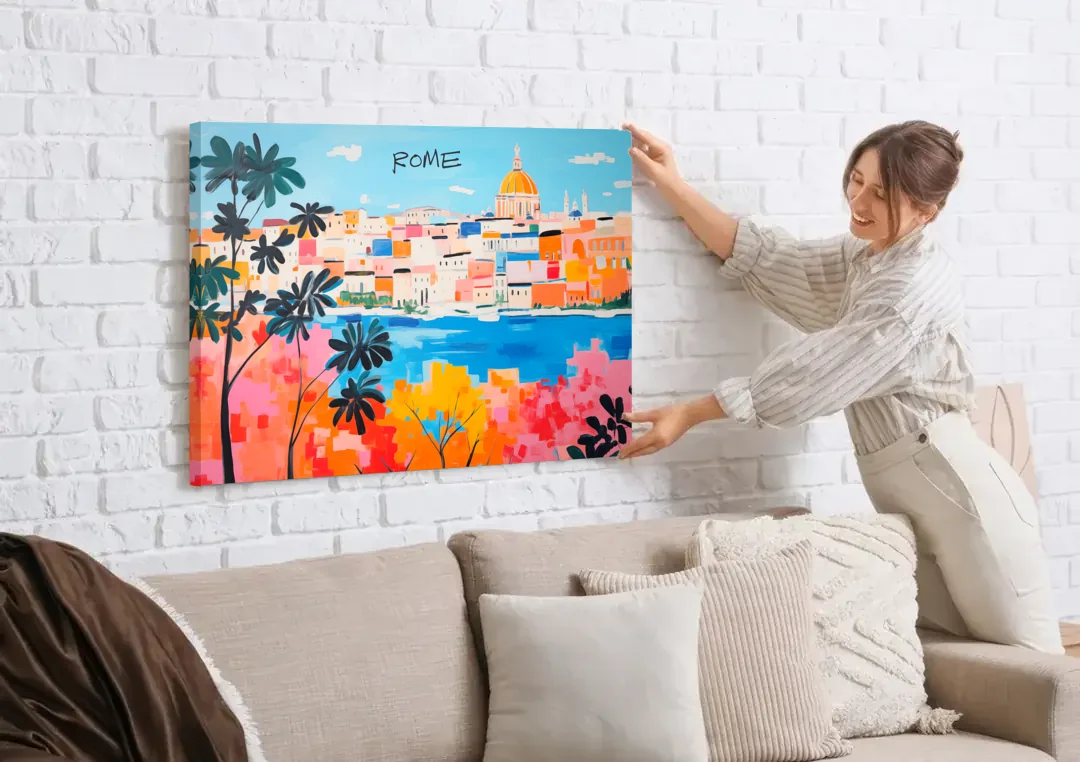 Rome Art of a Golden Dome Skyline canvas wall art being hung on a white brick wall above a sofa