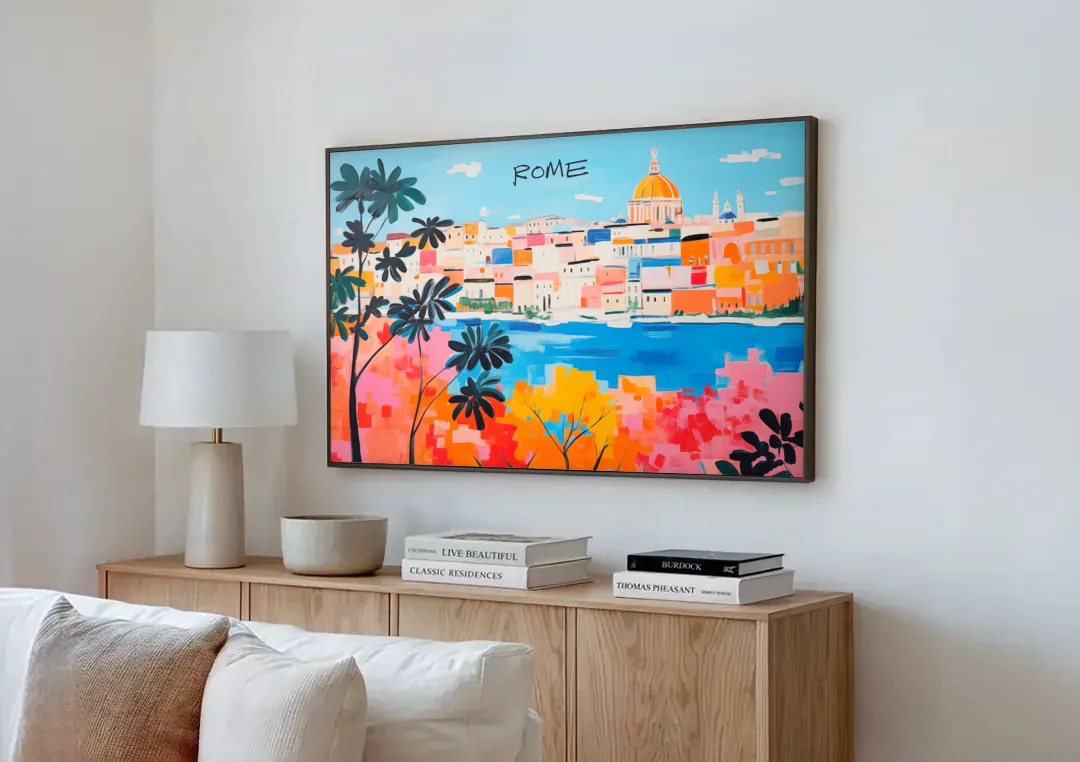 Rome Art of a Golden Dome Skyline canvas wall art above a wooden sideboard next to a sofa