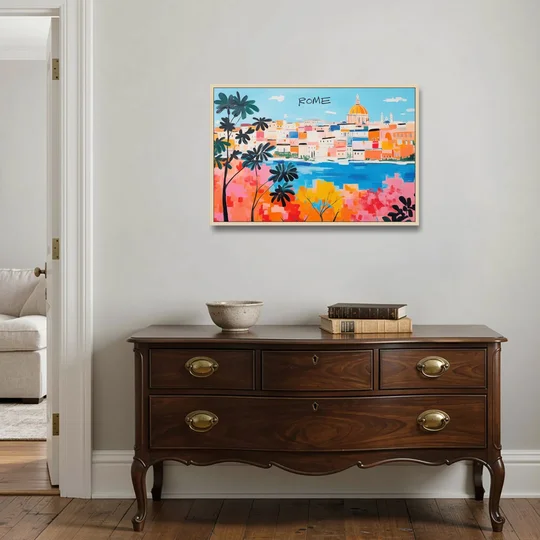 Rome Art of a Golden Dome Skyline - Oak Framed Canvas Wall Art - Coffee Table - 36x24