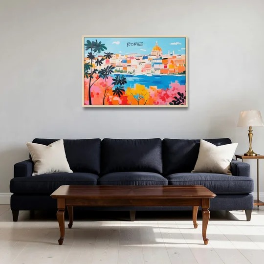 Rome Art of a Golden Dome Skyline - Oak Framed Canvas Wall Art - Sofa - 36x24