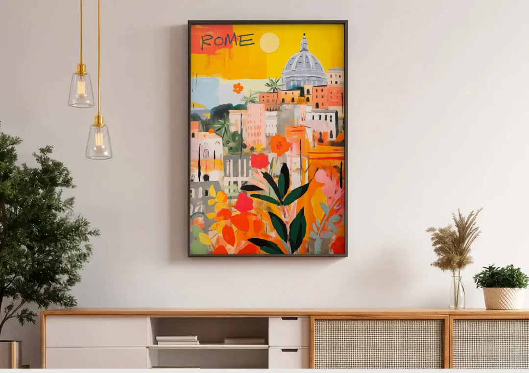 Rome Painting Under a Yellow Sun canvas wall art above a wooden sideboard under pendant lights