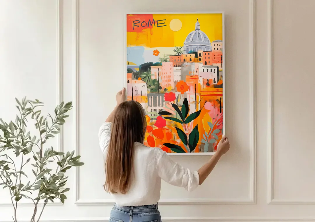 Rome Painting Under a Yellow Sun canvas wall art being hung on a paneled wall