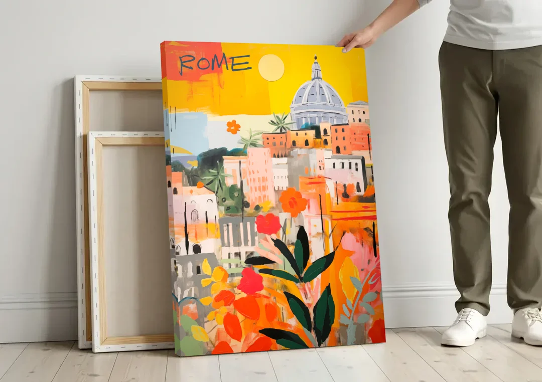 Rome Painting Under a Yellow Sun canvas wall art leaning against a wall next to blank canvases