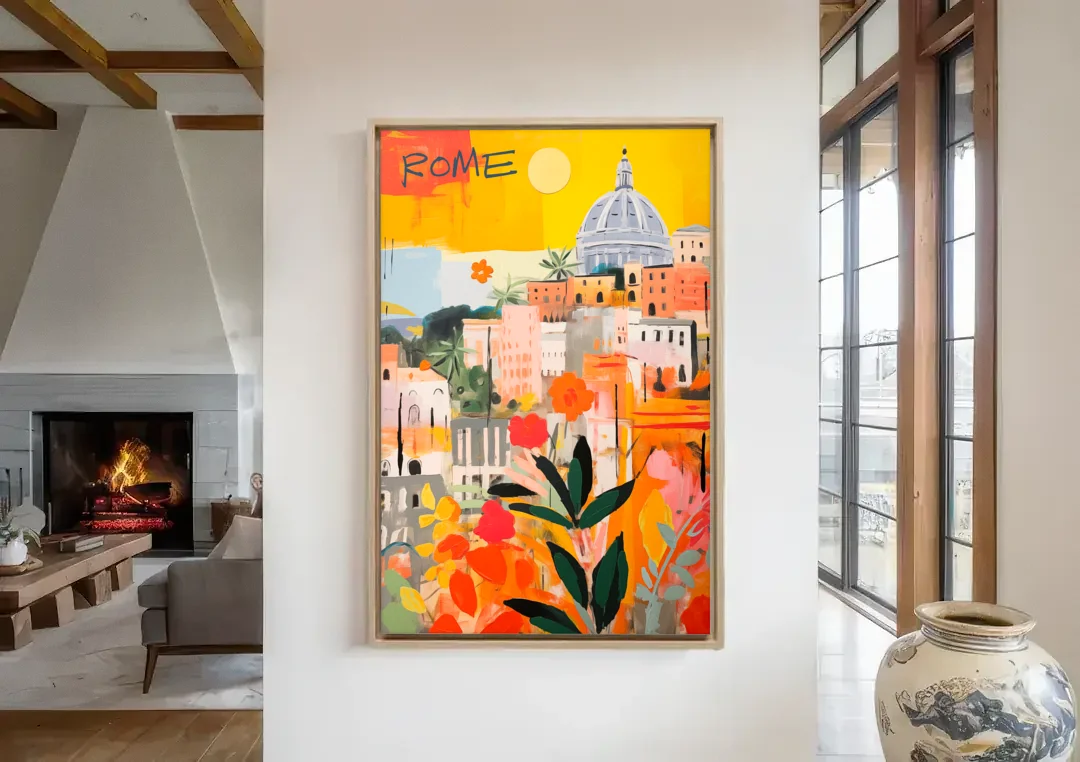 Rome Painting Under a Yellow Sun canvas wall art in a living room with a fireplace
