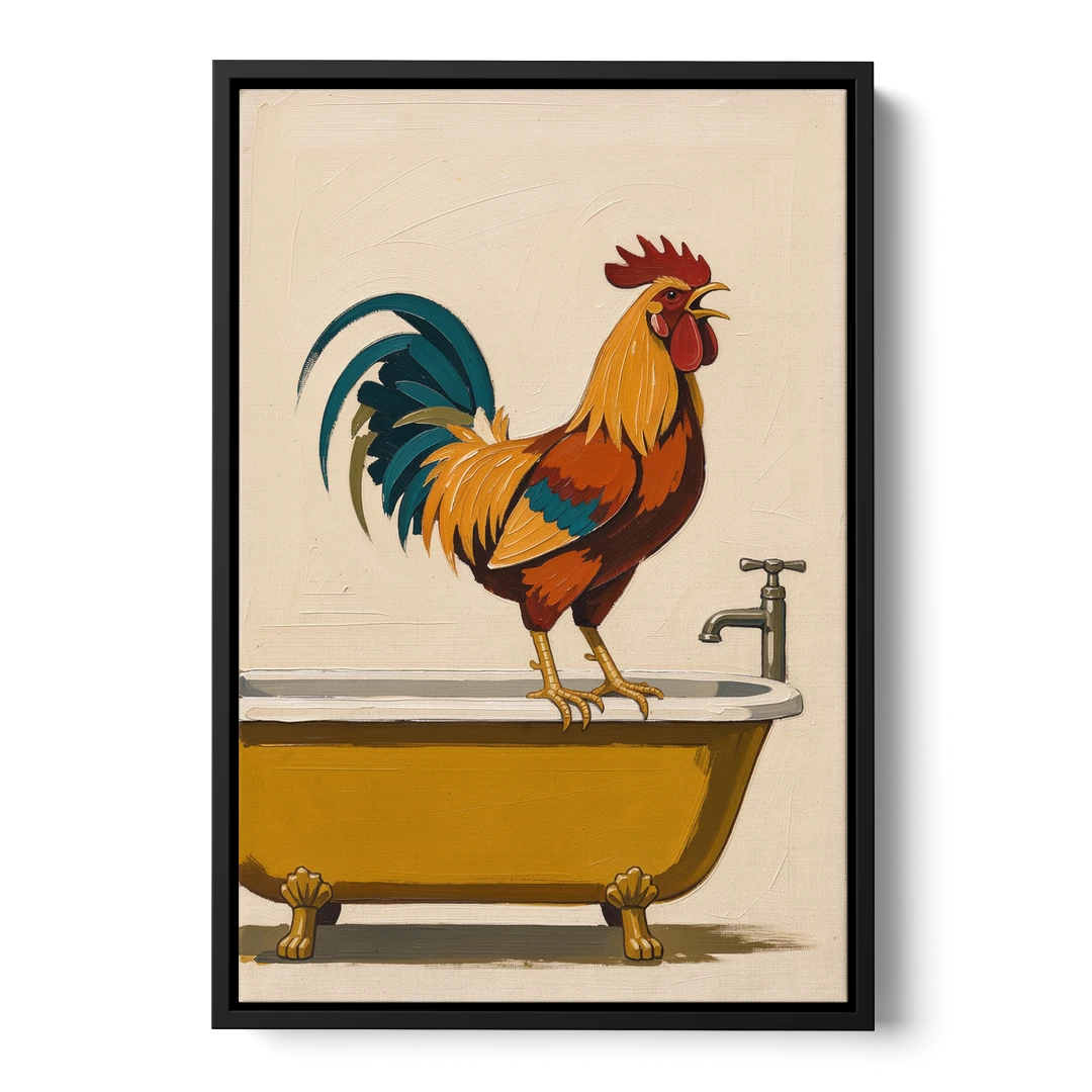Rooster Crowing at the Bathtub Tap - Black Framed Canvas Wall Art - Front