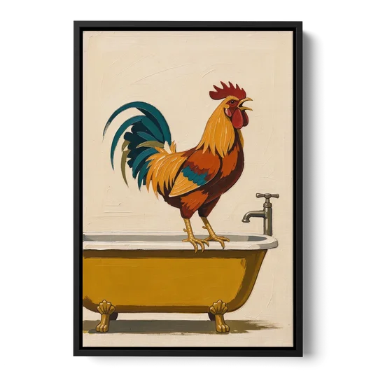 Rooster Crowing at the Bathtub Tap - Black Framed Canvas Wall Art - Front