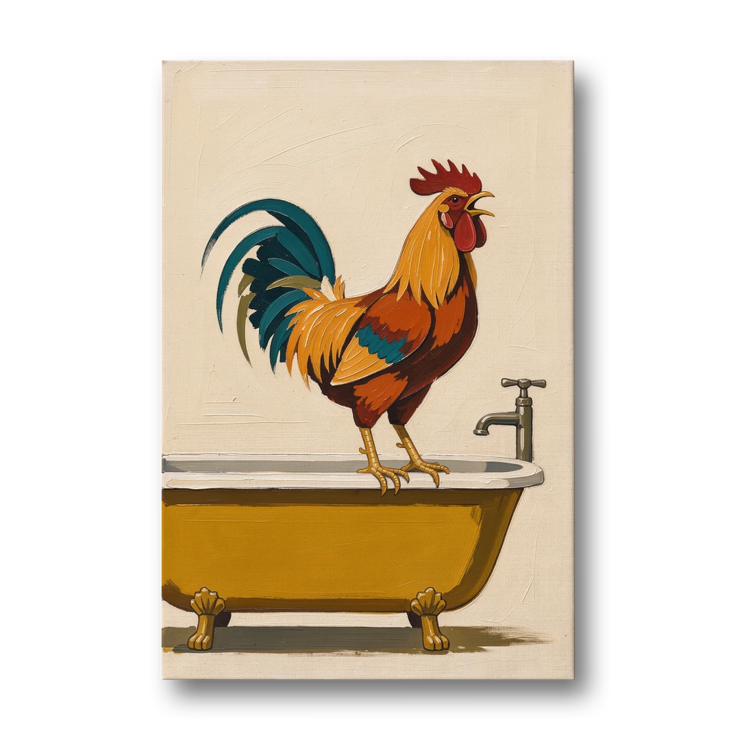 Rooster Crowing at the Bathtub Tap - Canvas Wall Art - Front
