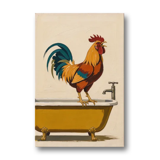Rooster Crowing at the Bathtub Tap - Canvas Wall Art - Front