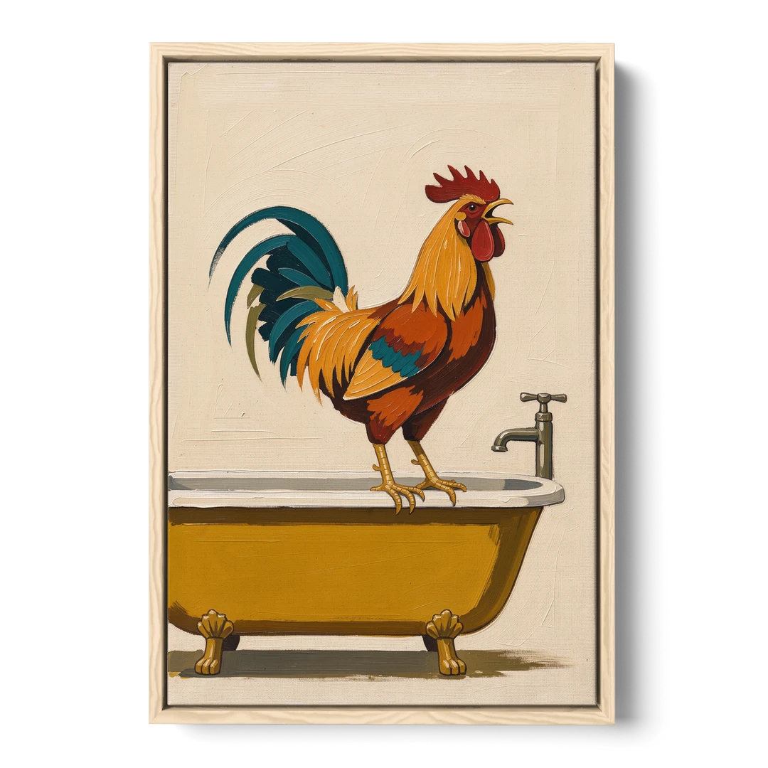 Rooster Crowing at the Bathtub Tap - Oak Framed Canvas Wall Art - Front