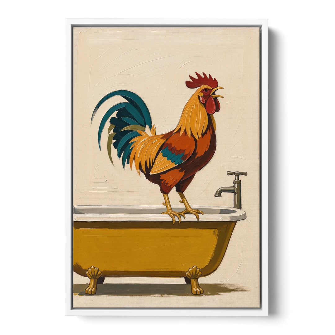 Rooster Crowing at the Bathtub Tap - White Framed Canvas Wall Art - Front