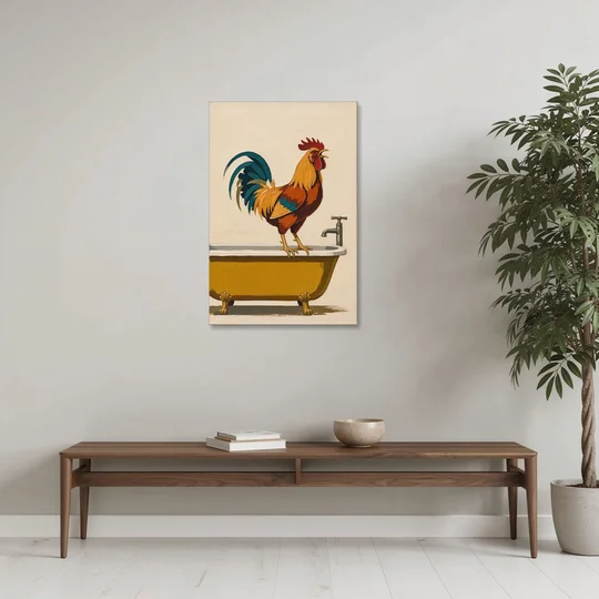Rooster Crowing at the Bathtub Tap - Canvas Wall Art - Coffee Table - 24x36