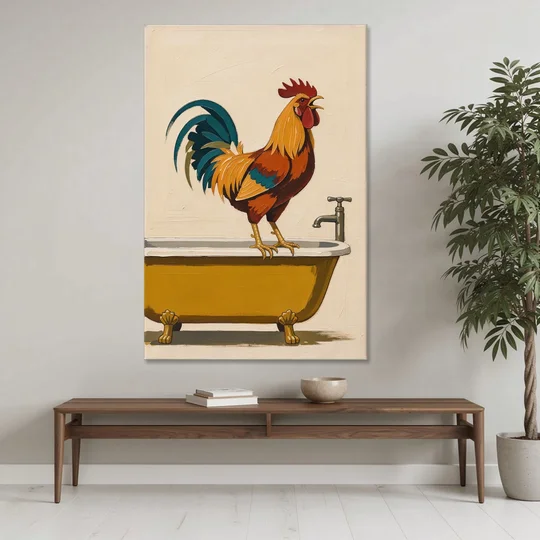 Rooster Crowing at the Bathtub Tap - Canvas Wall Art - Coffee Table - 40x60