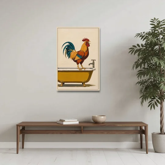 Rooster Crowing at the Bathtub Tap - Oak Framed Canvas Wall Art - Coffee Table - 24x36