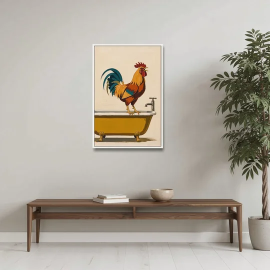 Rooster Crowing at the Bathtub Tap - White Framed Canvas Wall Art - Coffee Table - 24x36