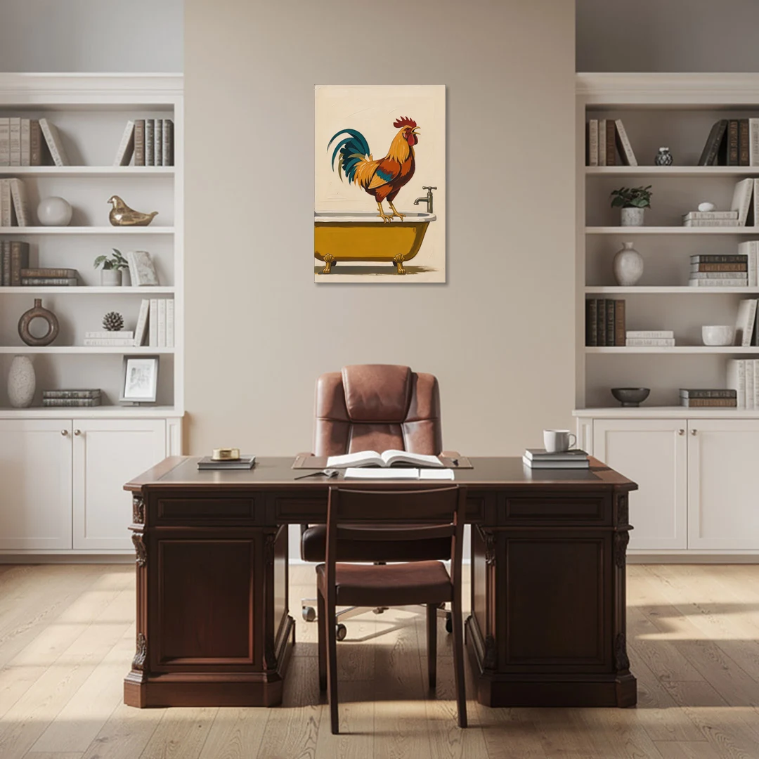 Rooster Crowing at the Bathtub Tap - Canvas Wall Art - Office - 24x36