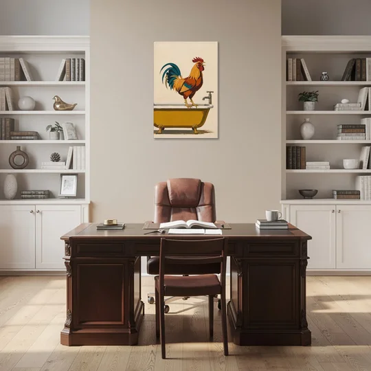 Rooster Crowing at the Bathtub Tap - Canvas Wall Art - Office - 24x36