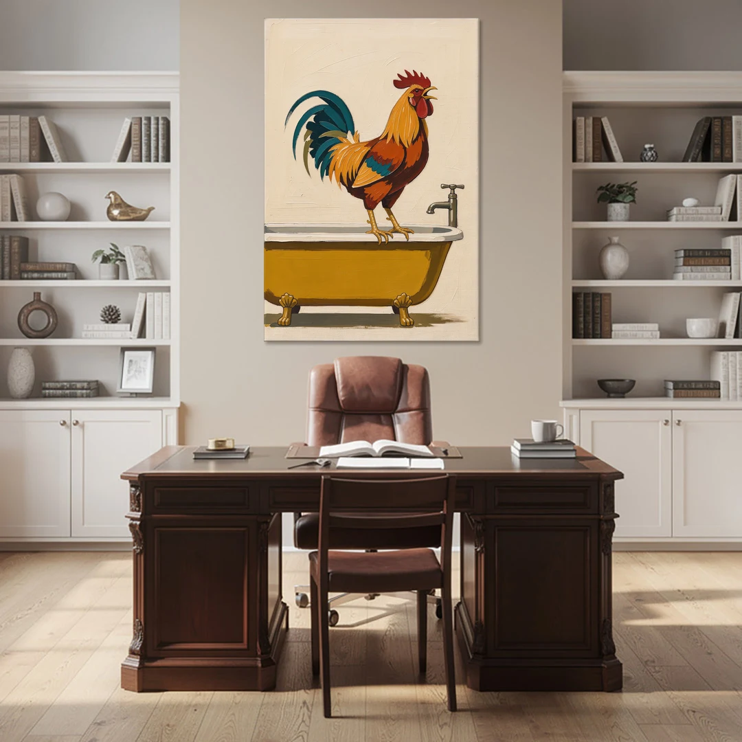 Rooster Crowing at the Bathtub Tap - Canvas Wall Art - Office - 40x60