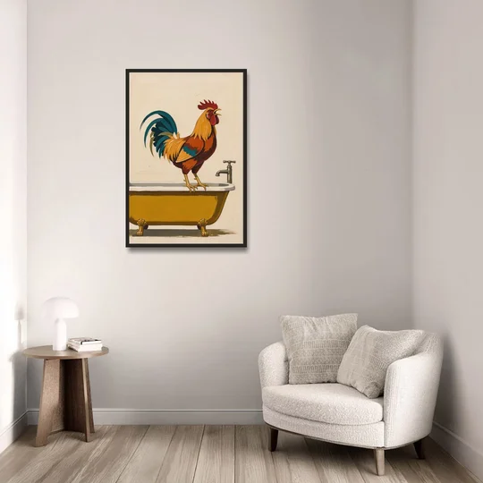 Rooster Crowing at the Bathtub Tap - Black Framed Canvas Wall Art - Sofa - 24x36