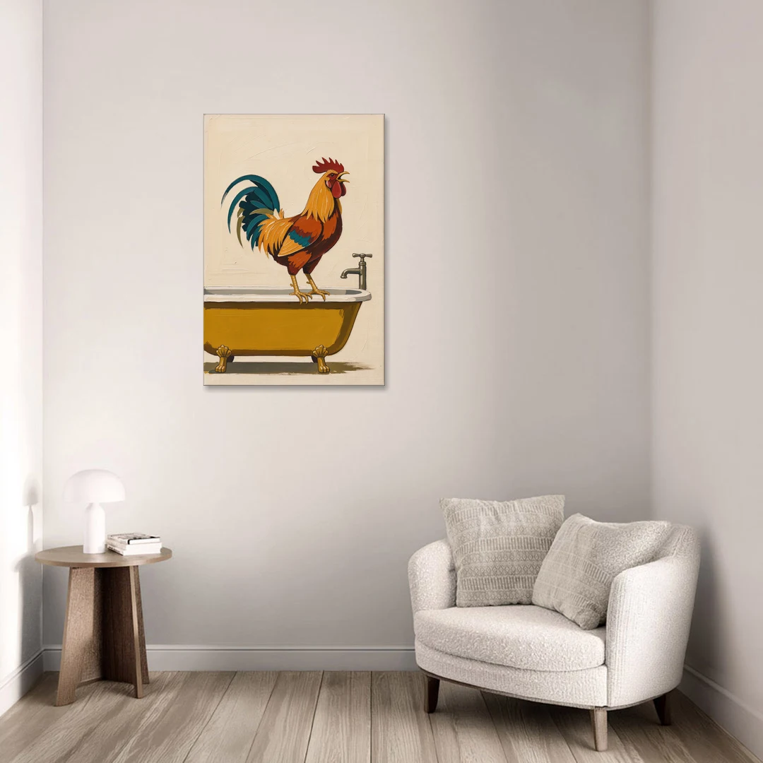 Rooster Crowing at the Bathtub Tap - Canvas Wall Art - Sofa - 24x36