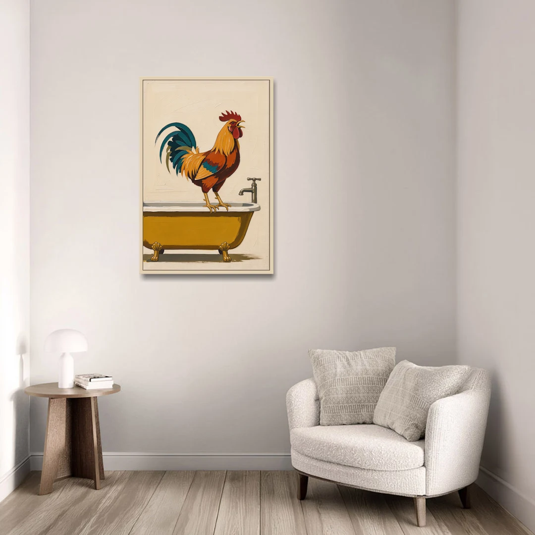 Rooster Crowing at the Bathtub Tap - Oak Framed Canvas Wall Art - Sofa - 24x36