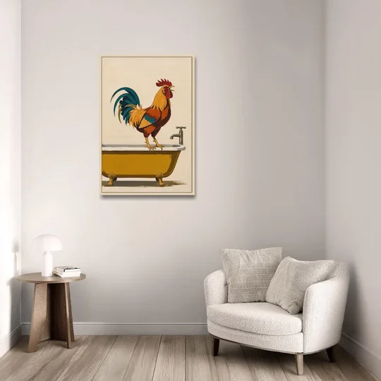 Rooster Crowing at the Bathtub Tap - Oak Framed Canvas Wall Art - Sofa - 24x36