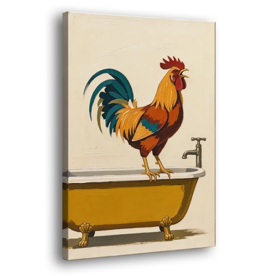 Rooster Crowing at the Bathtub Tap - Canvas Wall Art - Side