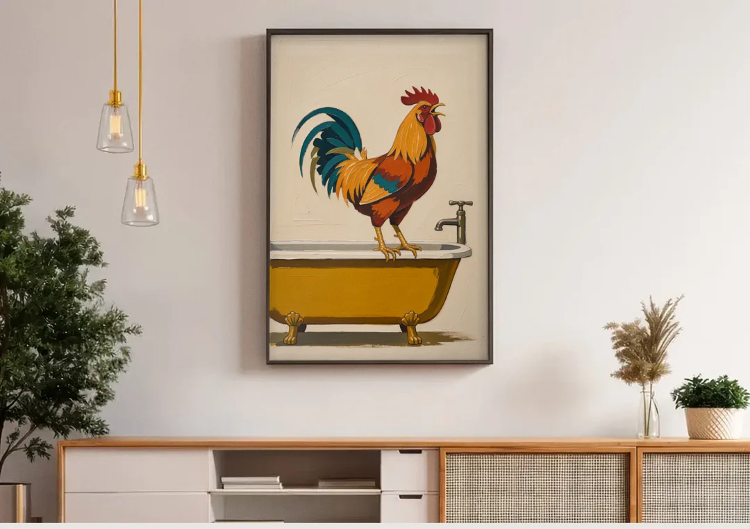Rooster Crowing at the Bathtub Tap canvas wall art above a wooden sideboard under pendant lights
