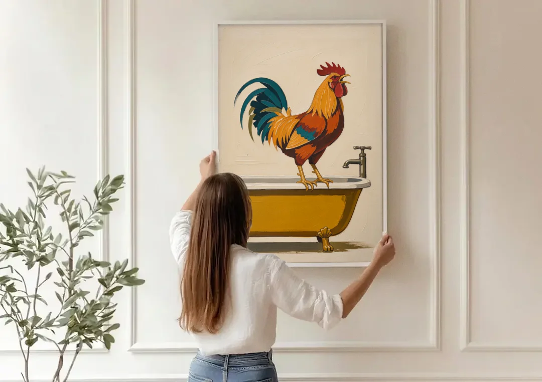 Rooster Crowing at the Bathtub Tap canvas wall art being hung on a paneled wall