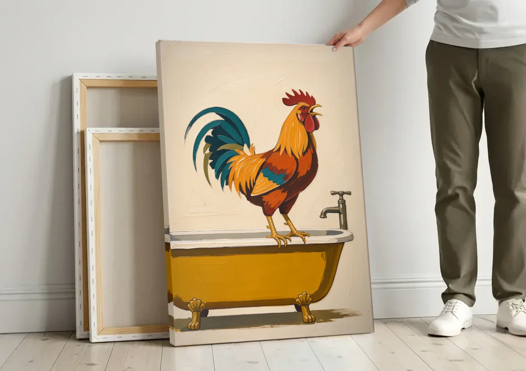 Rooster Crowing at the Bathtub Tap canvas wall art leaning against a wall next to blank canvases