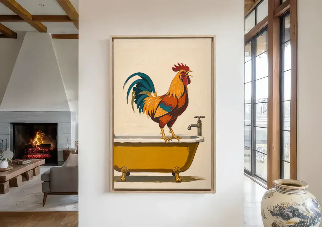 Rooster Crowing at the Bathtub Tap canvas wall art in a living room with a fireplace