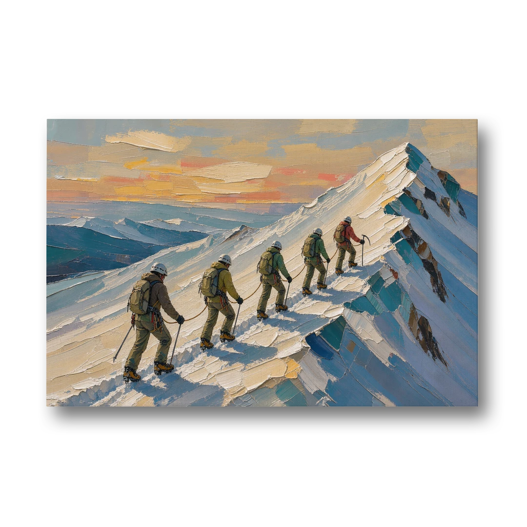 Roped Climbers on a Knife Edge Snow Ridge - Canvas Wall Art - Front