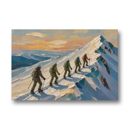 Roped Climbers on a Knife Edge Snow Ridge - Canvas Wall Art - Front