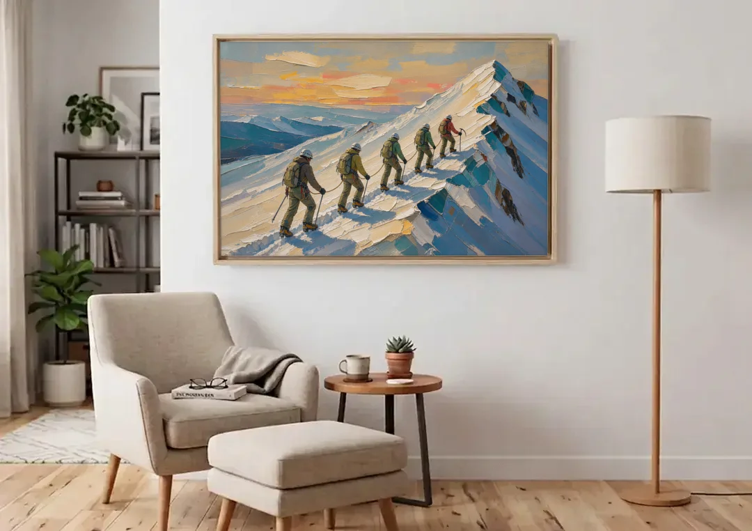 Roped Climbers on a Knife Edge Snow Ridge canvas wall art above an armchair in a bright living room