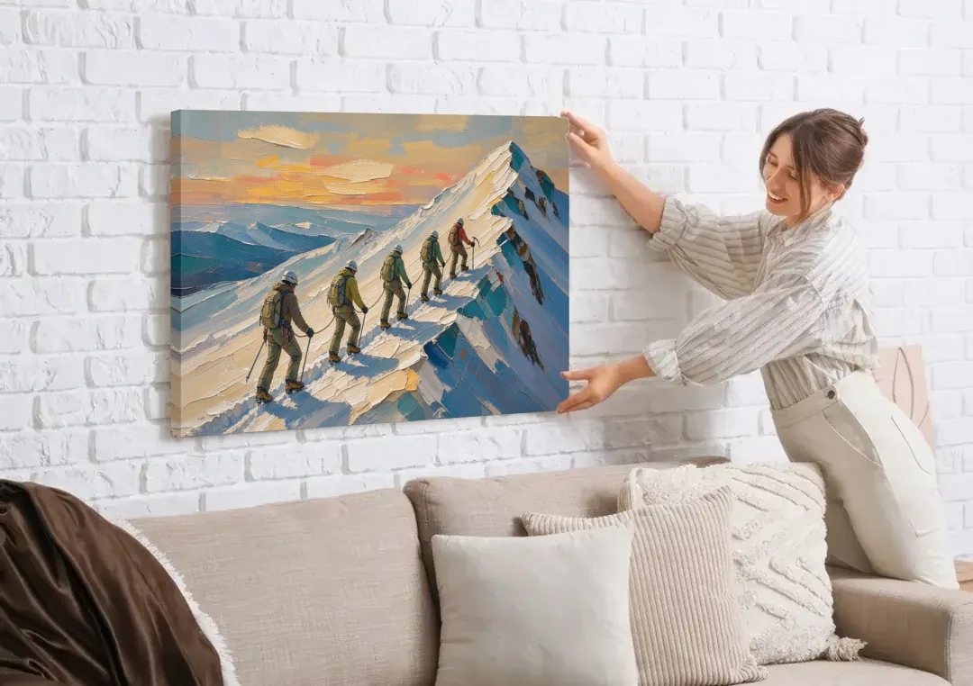 Roped Climbers on a Knife Edge Snow Ridge canvas wall art being hung on a white brick wall above a sofa