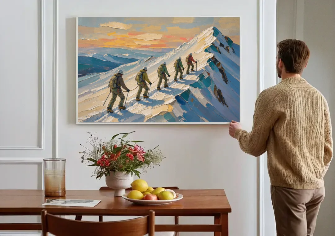 Roped Climbers on a Knife Edge Snow Ridge canvas wall art above a dining table