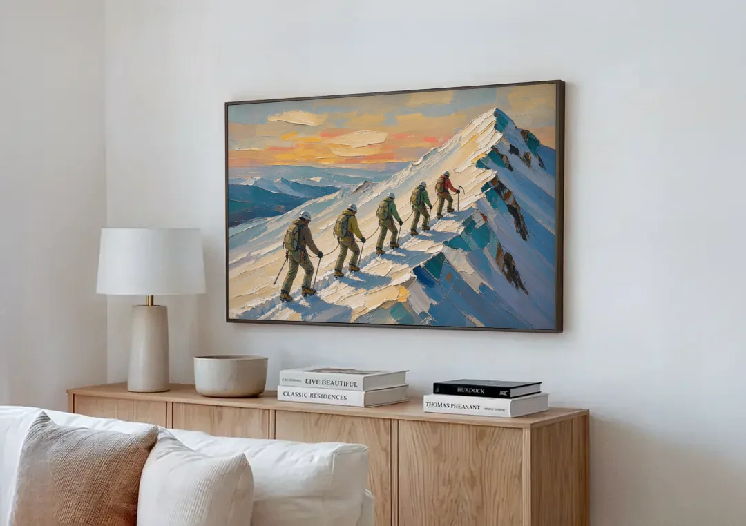 Roped Climbers on a Knife Edge Snow Ridge canvas wall art above a wooden sideboard next to a sofa