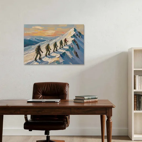 Roped Climbers on a Knife Edge Snow Ridge - Canvas Wall Art - Office - 36x24