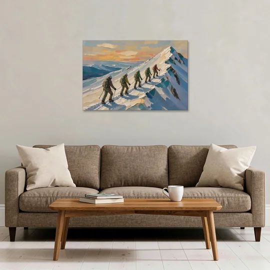 Roped Climbers on a Knife Edge Snow Ridge - Canvas Wall Art - Sofa - 36x24