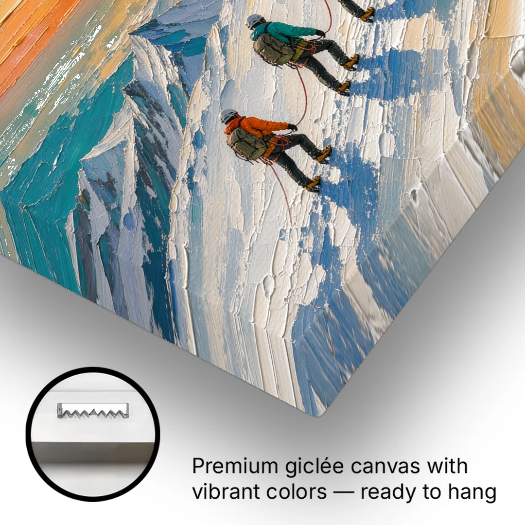 Roped Climbers on a Snowy Ridge at Sunrise - Canvas Wall Art - Gallery Wrap Corner