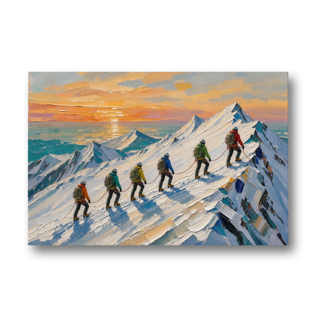 Roped Climbers on a Snowy Ridge at Sunrise - Canvas Wall Art - Front